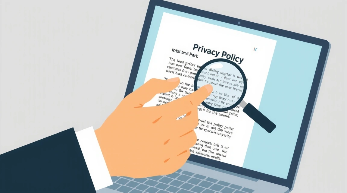 A person reviewing a privacy policy document on a laptop, with a magnifying glass icon