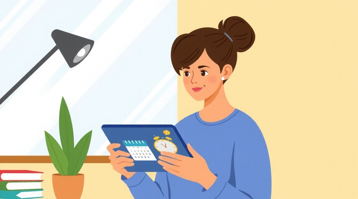 Illustration of a person booking an online appointment on a tablet, with calendar and clock icons