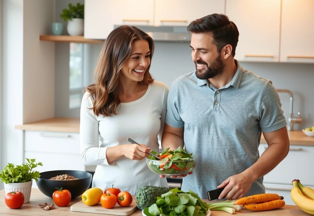 Ein glückliches Paar bereitet gemeinsam eine gesunde Mahlzeit zu