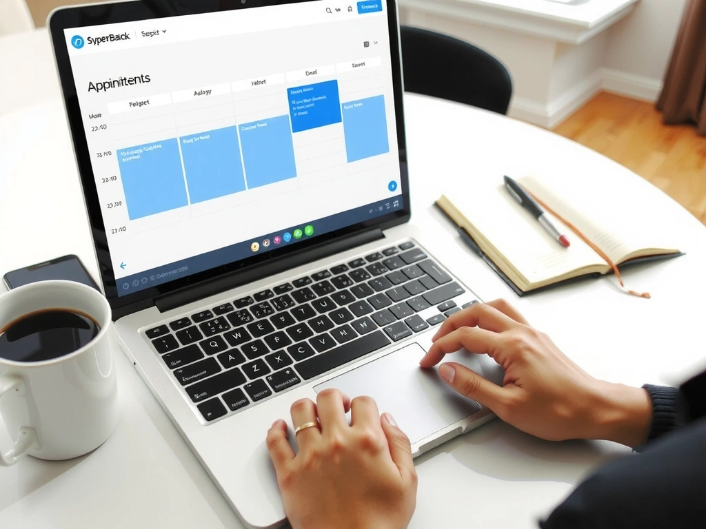Eine Person, die auf einem Laptop mit einem Online-Kalender arbeitet, um Termine zu verwalten, daneben eine Tasse Kaffee und ein Notizbuch.