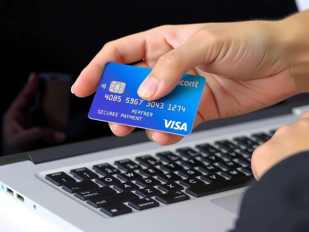 Eine Hand hält eine Kreditkarte an einen Laptop, symbolisierend Online-Zahlungen und Transaktionen.