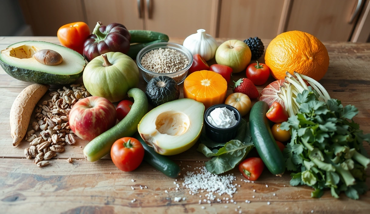 Auswahl an frischen, gesunden Lebensmitteln auf einem Küchentisch